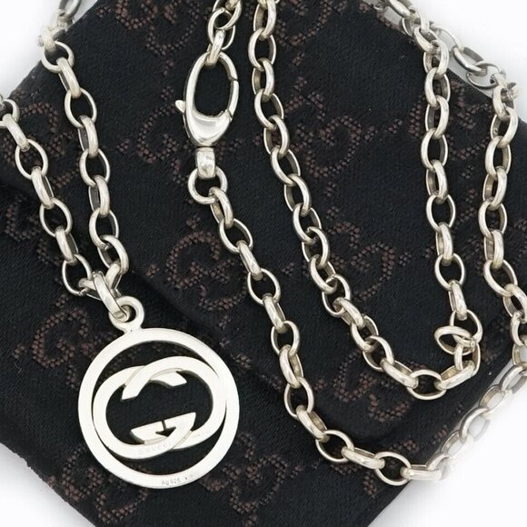 GUCCI Interlocking G Round Necklace 21" Silver 925 Auth w/Bag j1085 - Picture 1 of 7